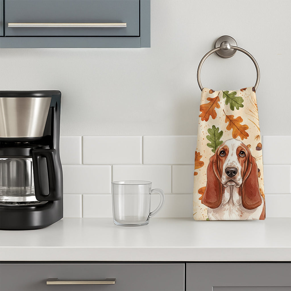 Red and White Basset Hound Heirloom Fall Kitchen Towel Velour Plush Front and Cotton Loop Back Machine Washable