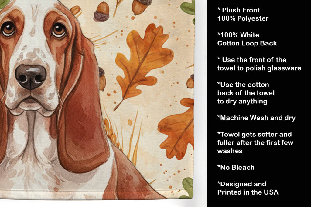Red and White Basset Hound Heirloom Fall Kitchen Towel Velour Plush Front and Cotton Loop Back Machine Washable