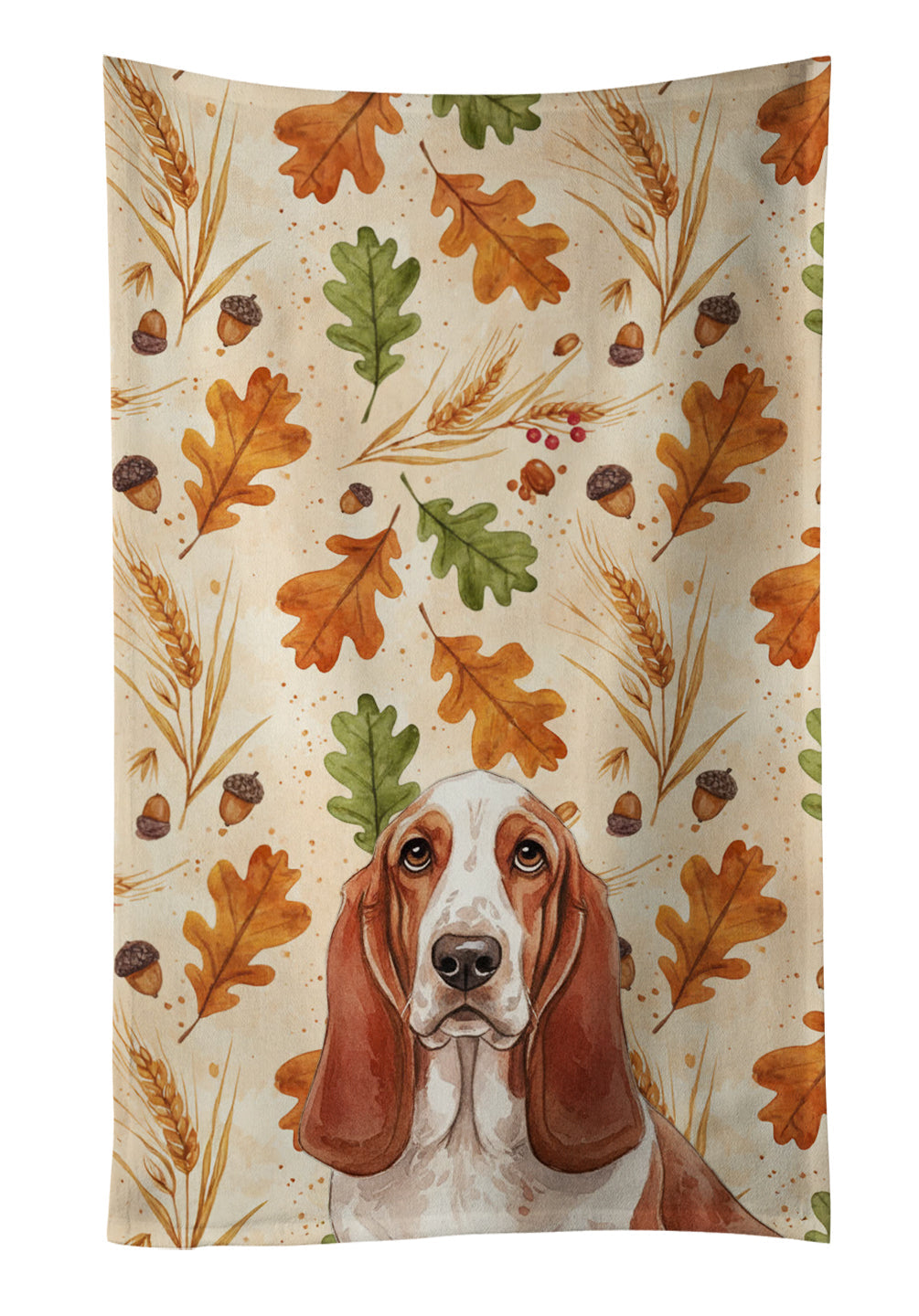Red and White Basset Hound Heirloom Fall Kitchen Towel Velour Plush Front and Cotton Loop Back Machine Washable