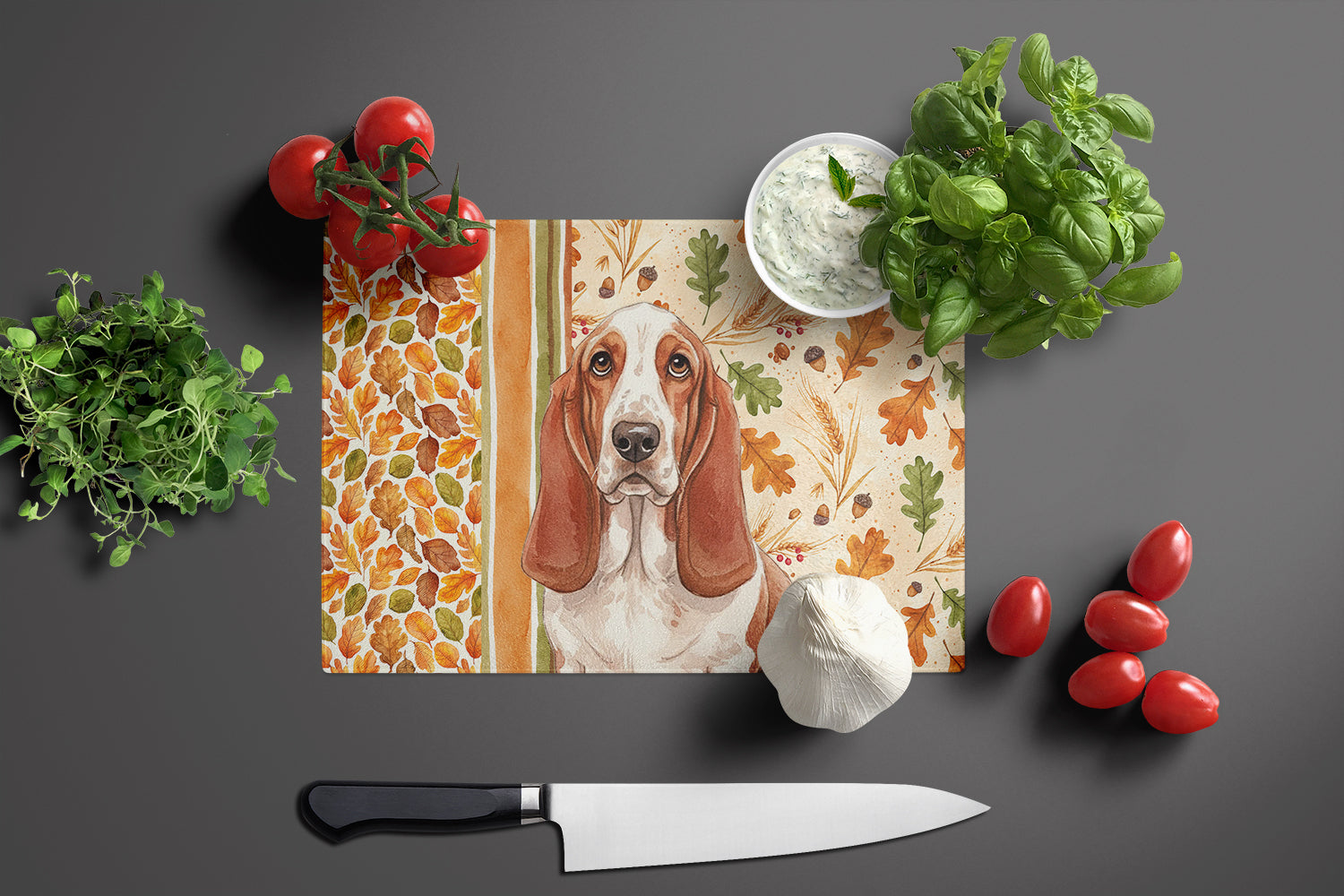 Red and White Basset Hound Heirloom Fall Cutting Board Tempered Glass Kitchen Cutting Surface, Heat Resistant Chopping, Non-Slip Feet, Food Prep & Serving