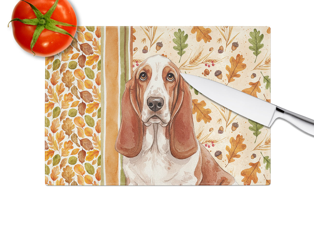Red and White Basset Hound Heirloom Fall Cutting Board Tempered Glass Kitchen Cutting Surface, Heat Resistant Chopping, Non-Slip Feet, Food Prep & Serving