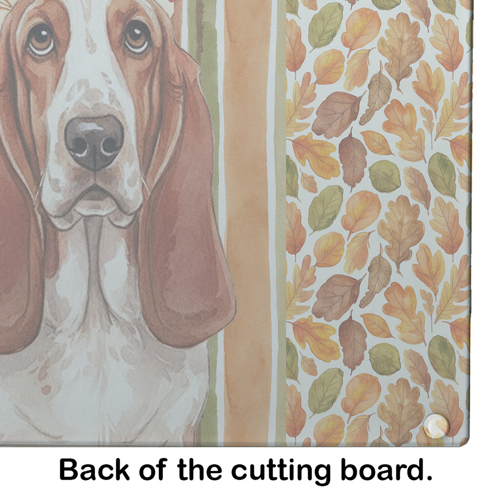 Red and White Basset Hound Heirloom Fall Cutting Board Tempered Glass Kitchen Cutting Surface, Heat Resistant Chopping, Non-Slip Feet, Food Prep & Serving