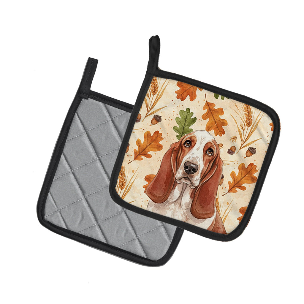 Red and White Basset Hound Heirloom Fall Pot Holder Set of 2 Heat Resistant Quilted Hot Pads 7.5 x 7.5 Inch, Insulated Kitchen Trivets for Cooking & Baking