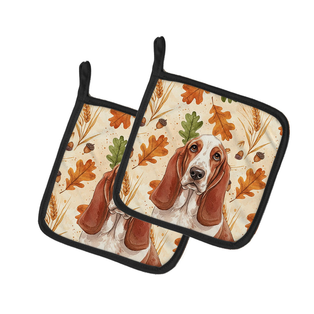 Red and White Basset Hound Heirloom Fall Pot Holder Set of 2 Heat Resistant Quilted Hot Pads 7.5 x 7.5 Inch, Insulated Kitchen Trivets for Cooking & Baking