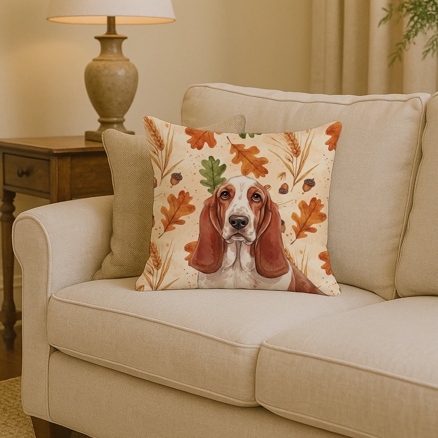 Red and White Basset Hound Heirloom Fall Decorative Throw Pillow 14x14 Indoor Outdoor Accent Cushion, Fabric Cover with Insert for Sofa, Bed, Porch & Living Room