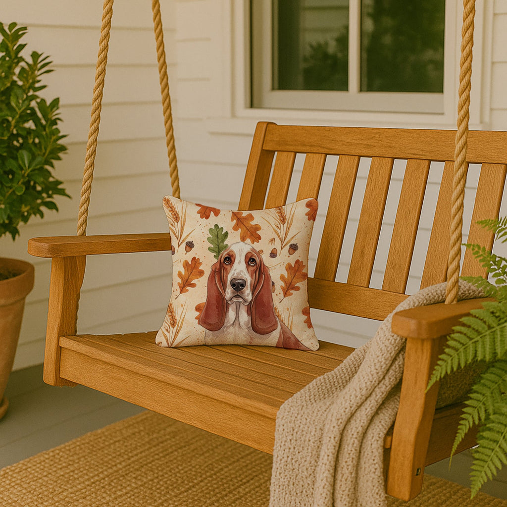 Red and White Basset Hound Heirloom Fall Decorative Throw Pillow 14x14 Indoor Outdoor Accent Cushion, Fabric Cover with Insert for Sofa, Bed, Porch & Living Room