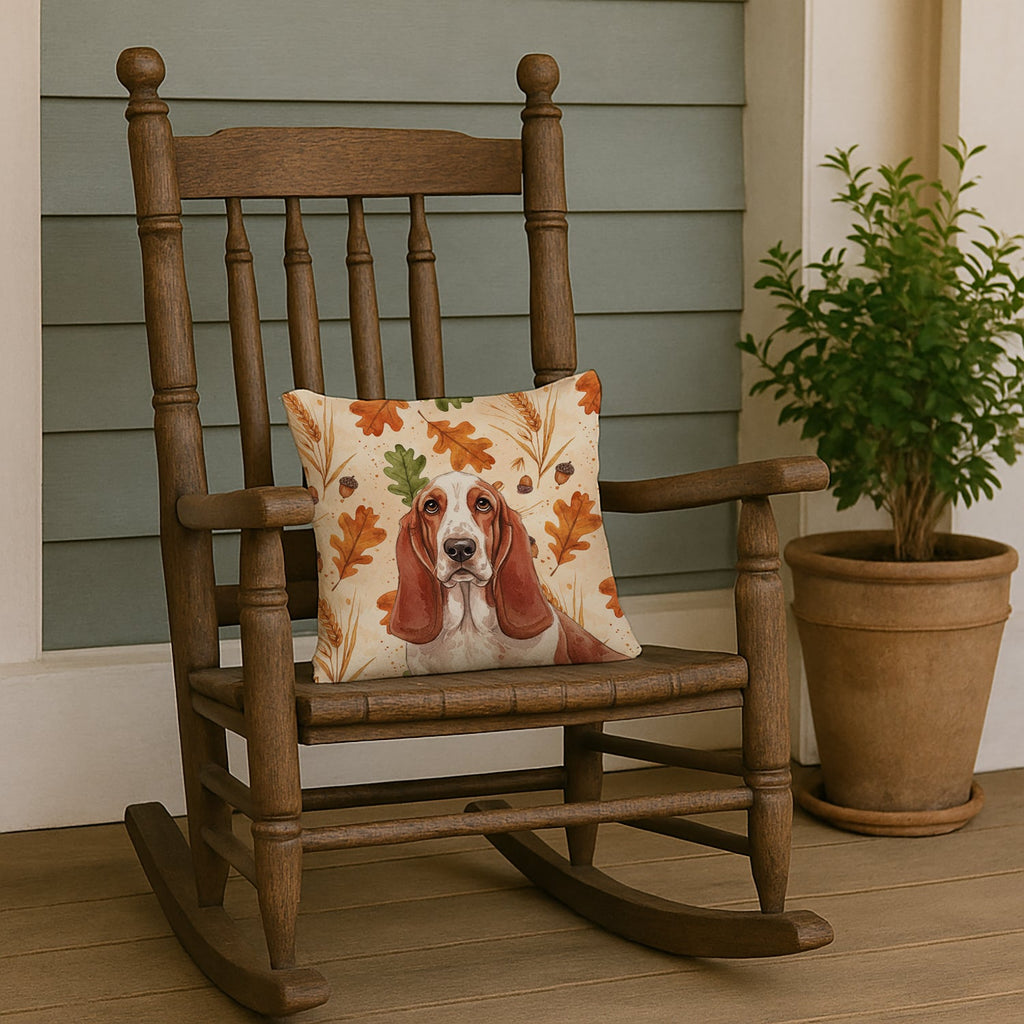 Red and White Basset Hound Heirloom Fall Decorative Throw Pillow 14x14 Indoor Outdoor Accent Cushion, Fabric Cover with Insert for Sofa, Bed, Porch & Living Room