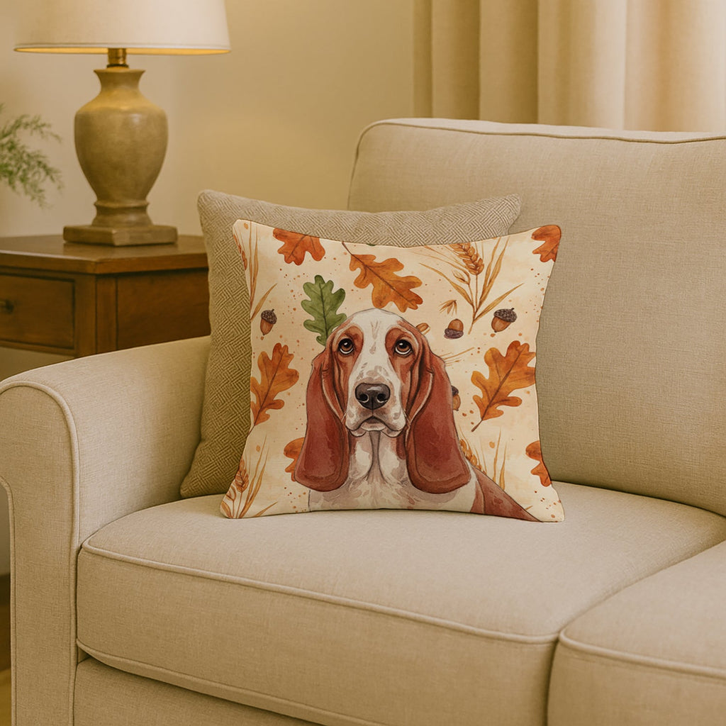 Red and White Basset Hound Heirloom Fall Decorative Throw Pillow 18x18 Indoor Outdoor Accent Cushion, Fabric Cover with Insert for Sofa, Bed, Porch & Living Room