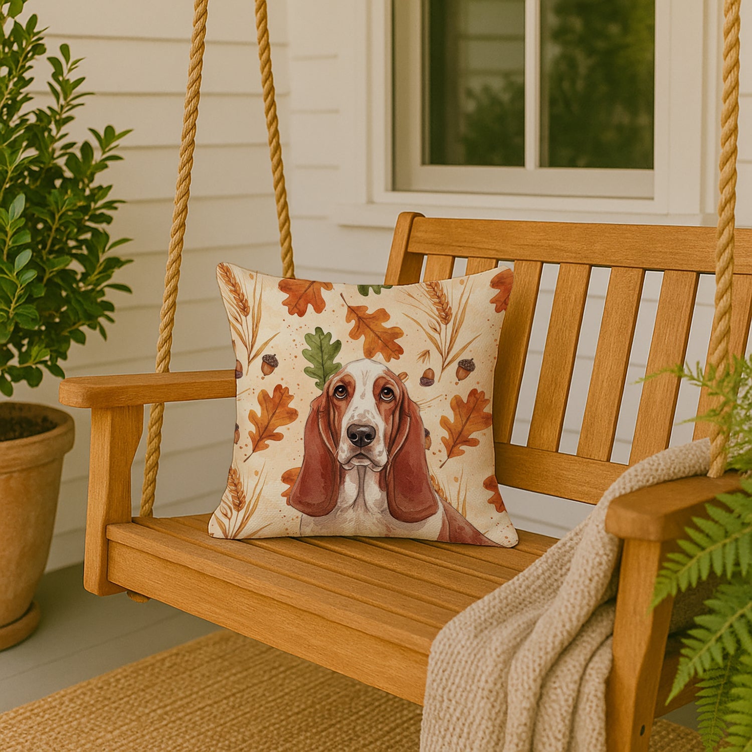 Red and White Basset Hound Heirloom Fall Decorative Throw Pillow 18x18 Indoor Outdoor Accent Cushion, Fabric Cover with Insert for Sofa, Bed, Porch & Living Room