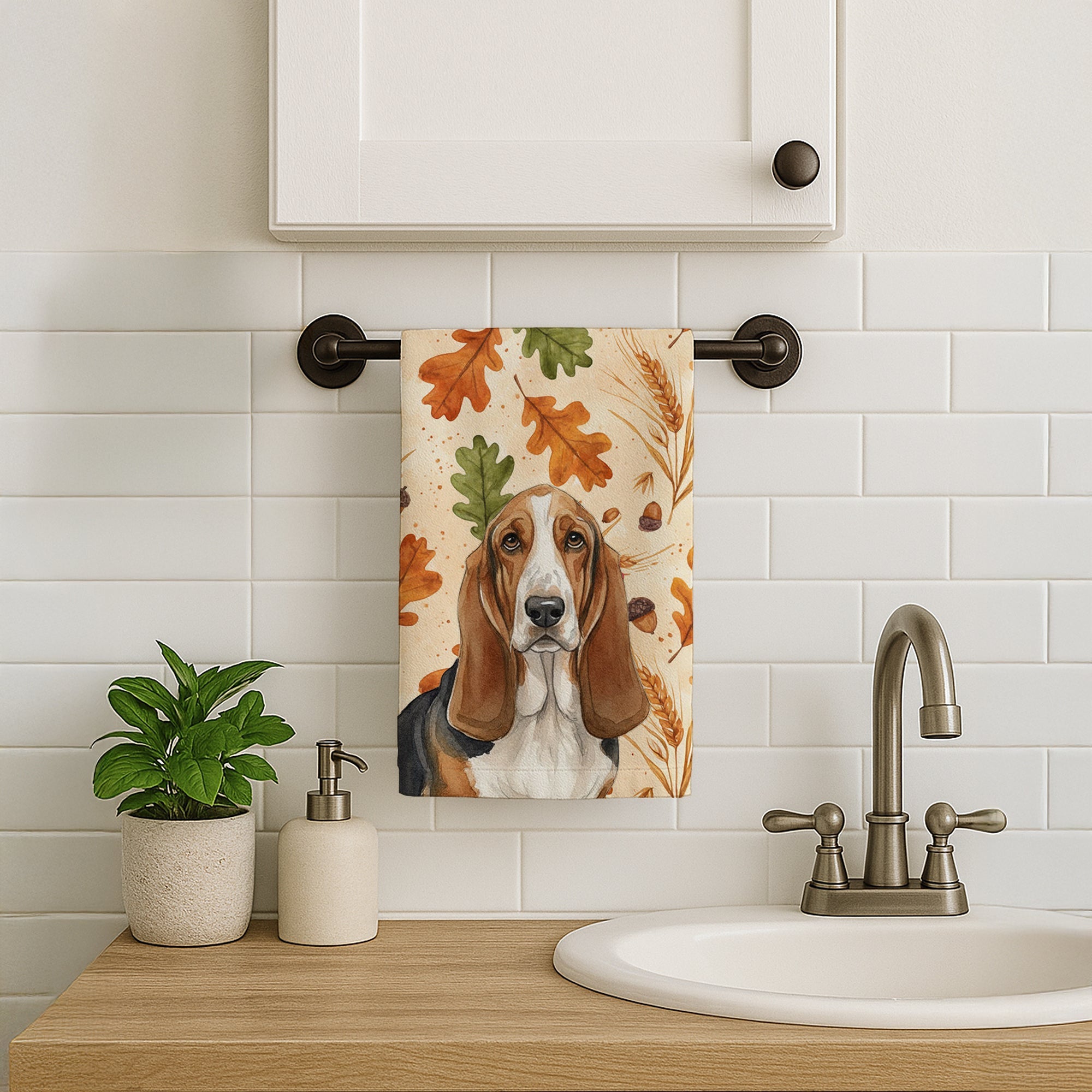 Tricolor and White Basset Hound Heirloom Fall Kitchen Towel Velour Plush Front and Cotton Loop Back Machine Washable