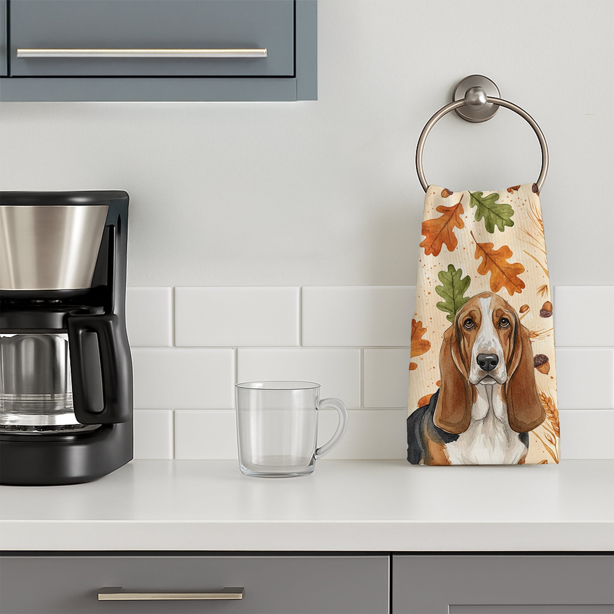 Tricolor and White Basset Hound Heirloom Fall Kitchen Towel Velour Plush Front and Cotton Loop Back Machine Washable