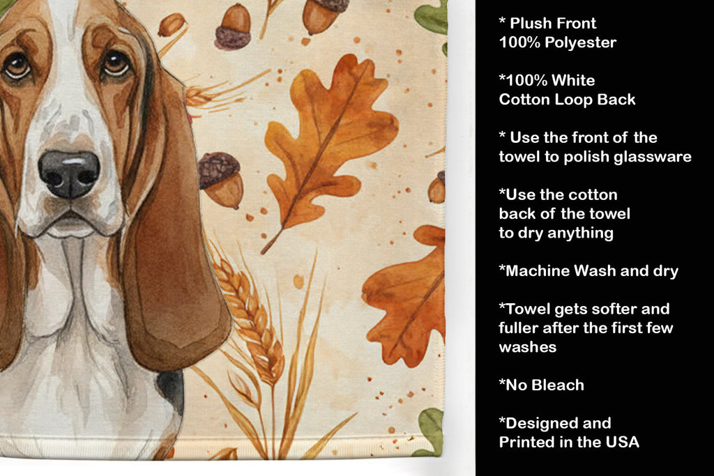 Tricolor and White Basset Hound Heirloom Fall Kitchen Towel Velour Plush Front and Cotton Loop Back Machine Washable