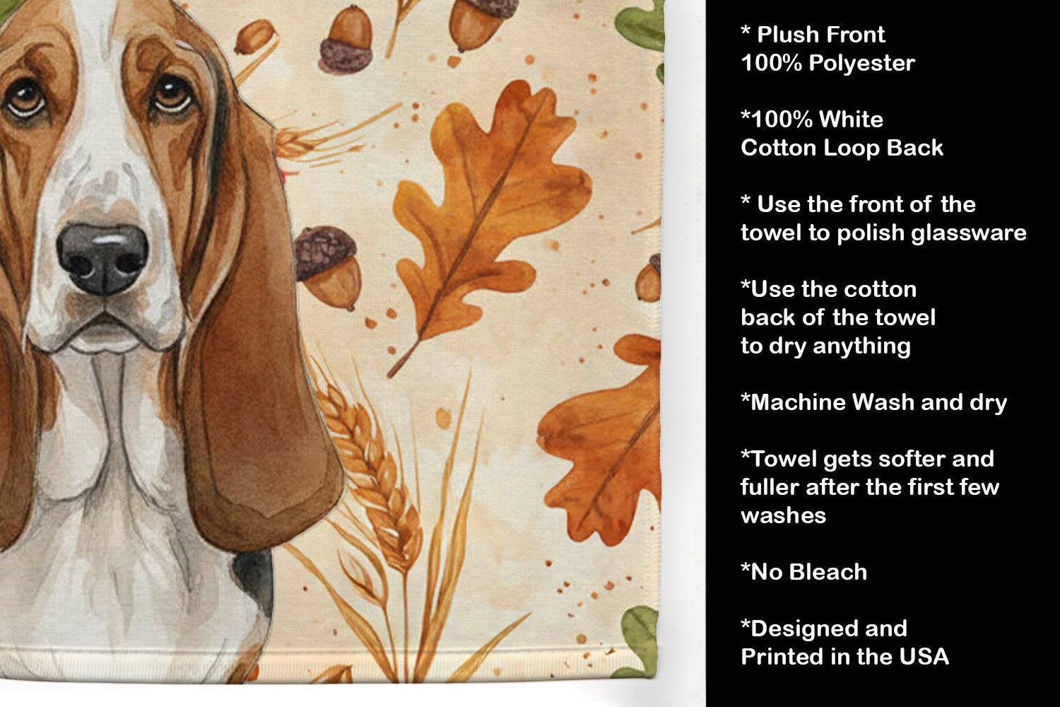 Tricolor and White Basset Hound Heirloom Fall Kitchen Towel Velour Plush Front and Cotton Loop Back Machine Washable