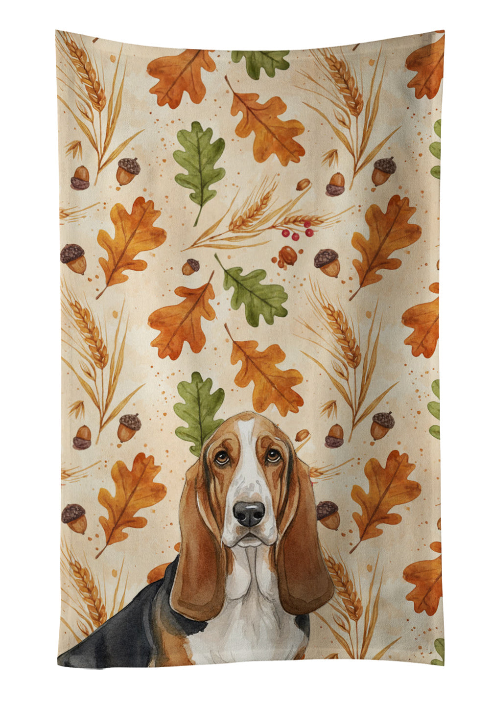 Tricolor and White Basset Hound Heirloom Fall Kitchen Towel Velour Plush Front and Cotton Loop Back Machine Washable
