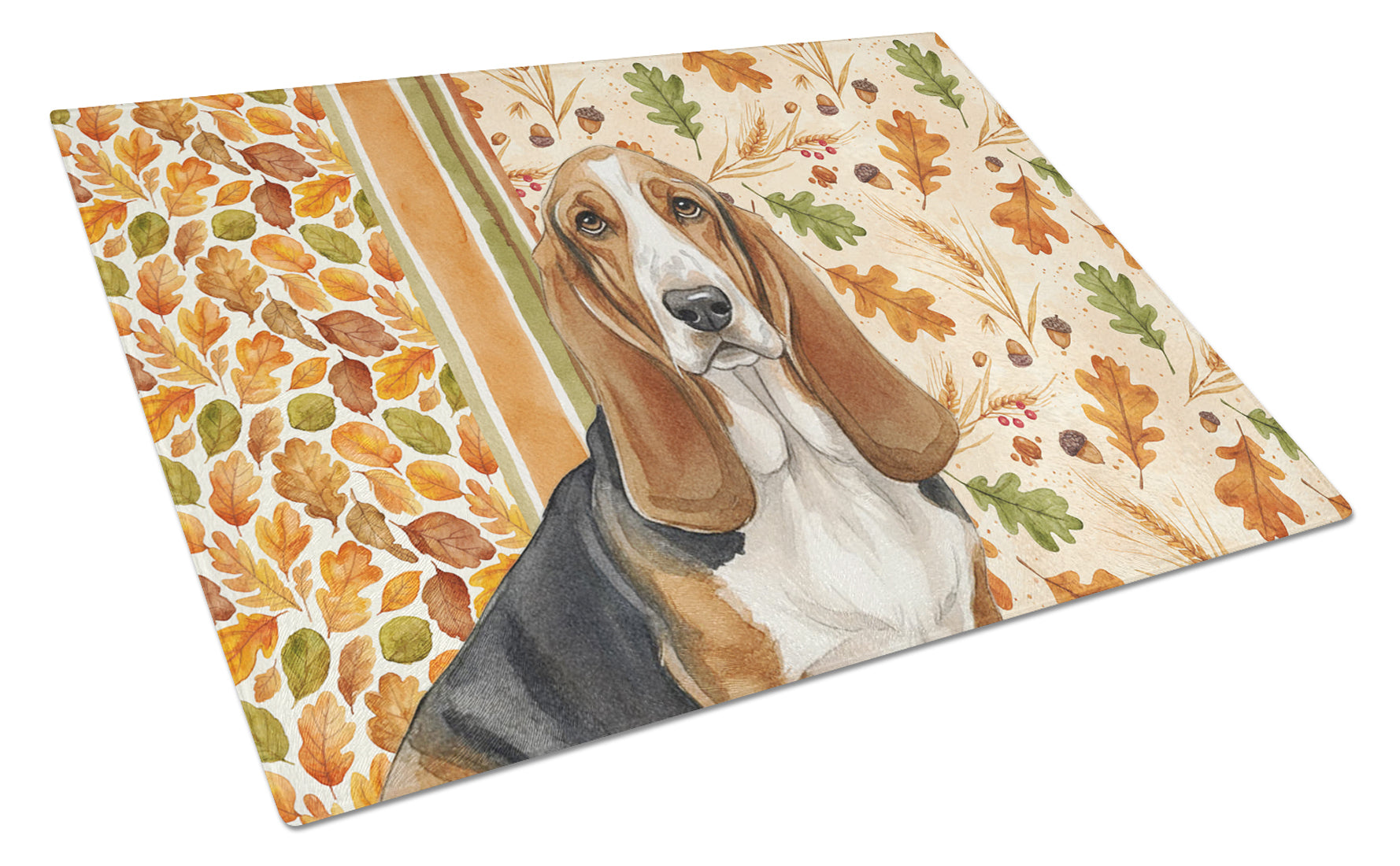 Tricolor and White Basset Hound Heirloom Fall Cutting Board Tempered Glass Kitchen Cutting Surface, Heat Resistant Chopping, Non-Slip Feet, Food Prep & Serving