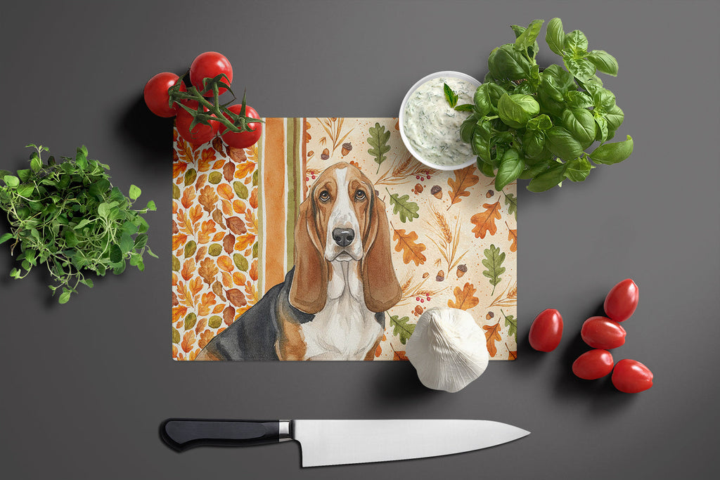 Tricolor and White Basset Hound Heirloom Fall Cutting Board Tempered Glass Kitchen Cutting Surface, Heat Resistant Chopping, Non-Slip Feet, Food Prep & Serving