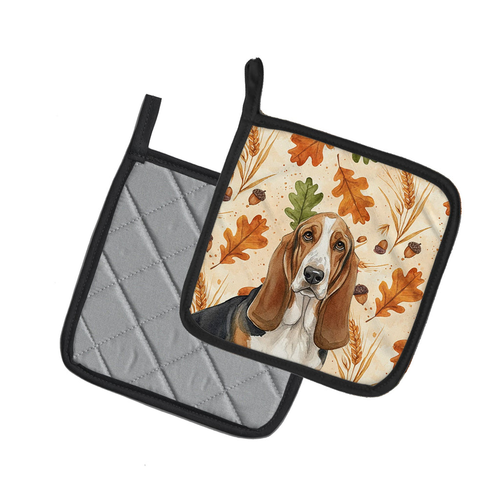 Tricolor and White Basset Hound Heirloom Fall Pot Holder Set of 2 Heat Resistant Quilted Hot Pads 7.5 x 7.5 Inch, Insulated Kitchen Trivets for Cooking & Baking