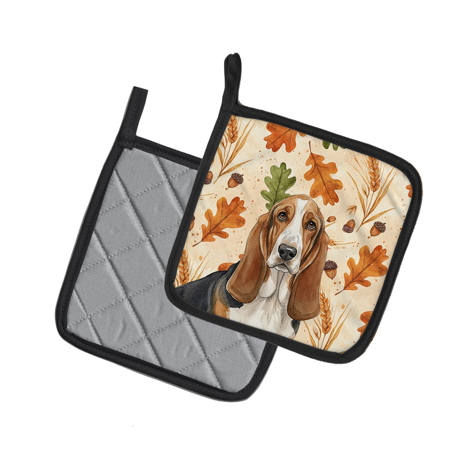 Tricolor and White Basset Hound Heirloom Fall Pot Holder Set of 2 Heat Resistant Quilted Hot Pads 7.5 x 7.5 Inch, Insulated Kitchen Trivets for Cooking & Baking