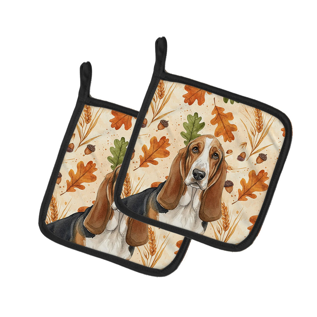 Tricolor and White Basset Hound Heirloom Fall Pot Holder Set of 2 Heat Resistant Quilted Hot Pads 7.5 x 7.5 Inch, Insulated Kitchen Trivets for Cooking & Baking