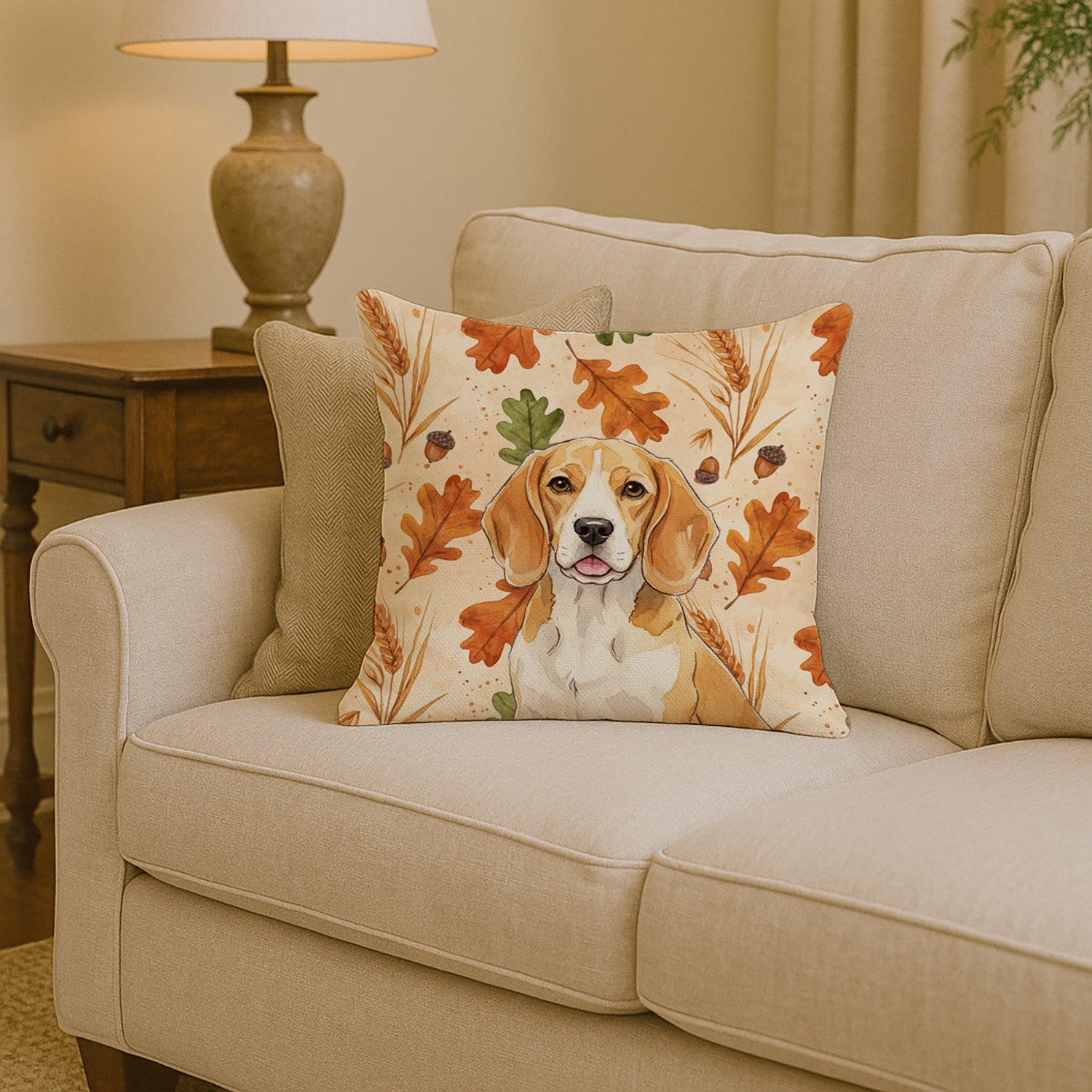 Lemon and White Beagle Heirloom Fall Decorative Throw Pillow 14x14 Indoor Outdoor Accent Cushion, Fabric Cover with Insert for Sofa, Bed, Porch & Living Room