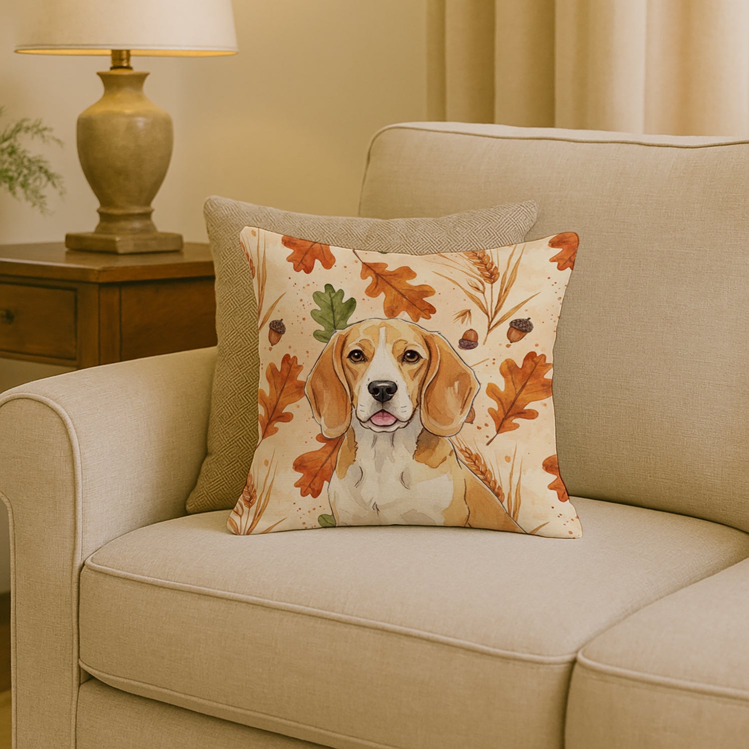 Lemon and White Beagle Heirloom Fall Decorative Throw Pillow 18x18 Indoor Outdoor Accent Cushion, Fabric Cover with Insert for Sofa, Bed, Porch & Living Room