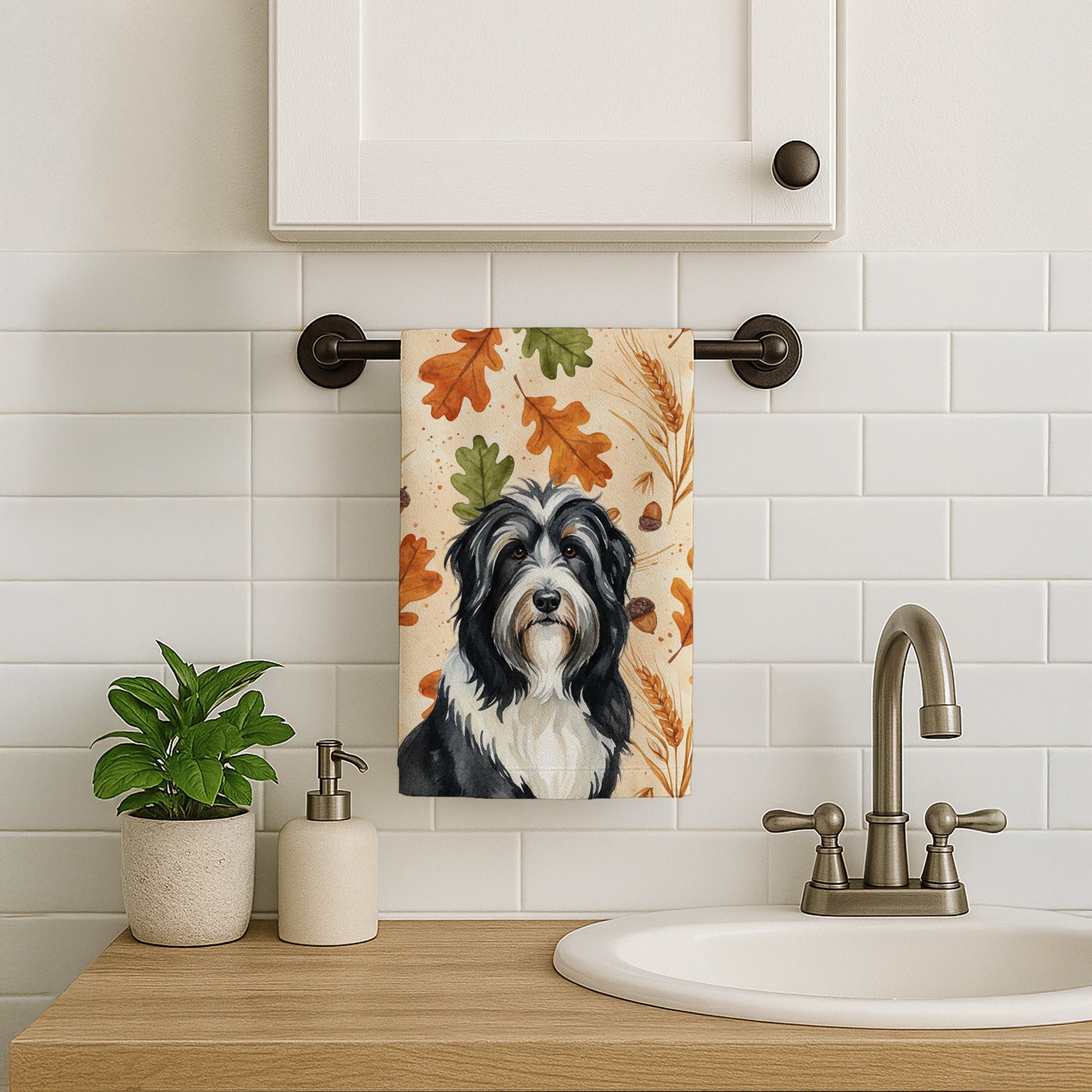 Black Bearded Collie Heirloom Fall Kitchen Towel Velour Plush Front and Cotton Loop Back Machine Washable