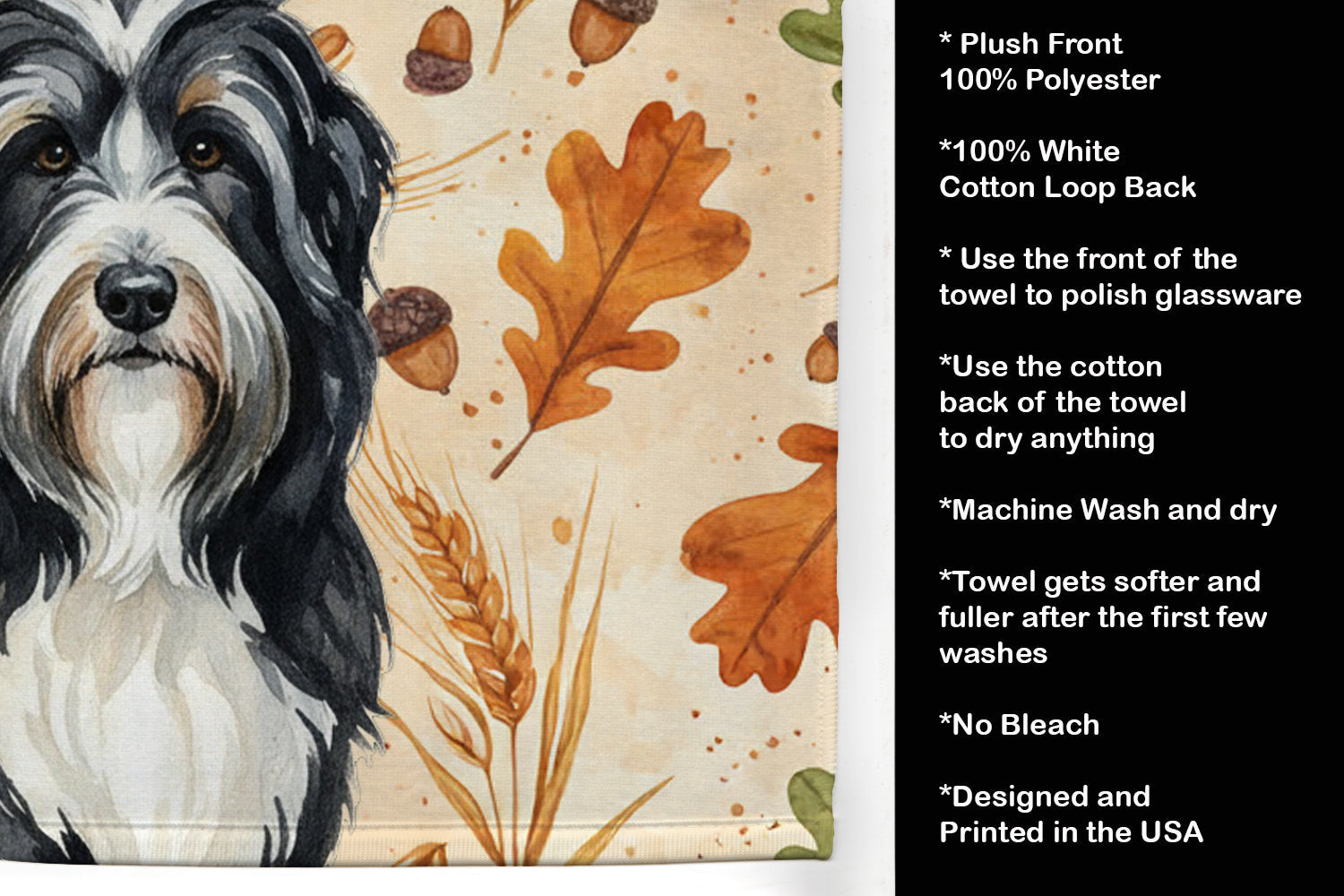 Black Bearded Collie Heirloom Fall Kitchen Towel Velour Plush Front and Cotton Loop Back Machine Washable