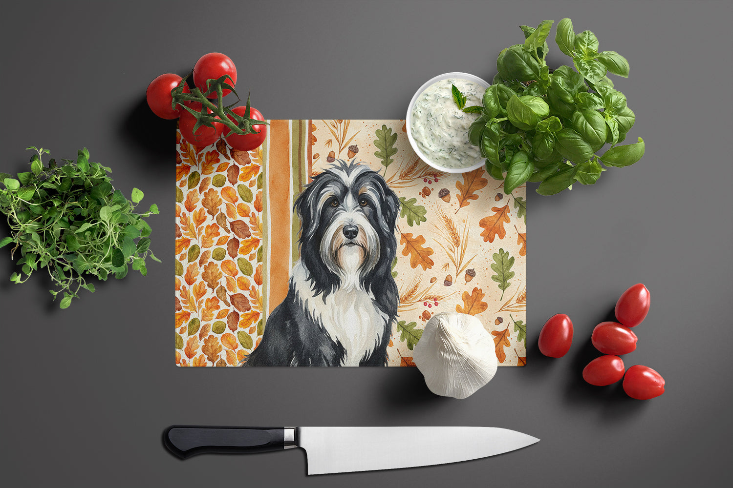 Black Bearded Collie Heirloom Fall Cutting Board Tempered Glass Kitchen Cutting Surface, Heat Resistant Chopping, Non-Slip Feet, Food Prep & Serving