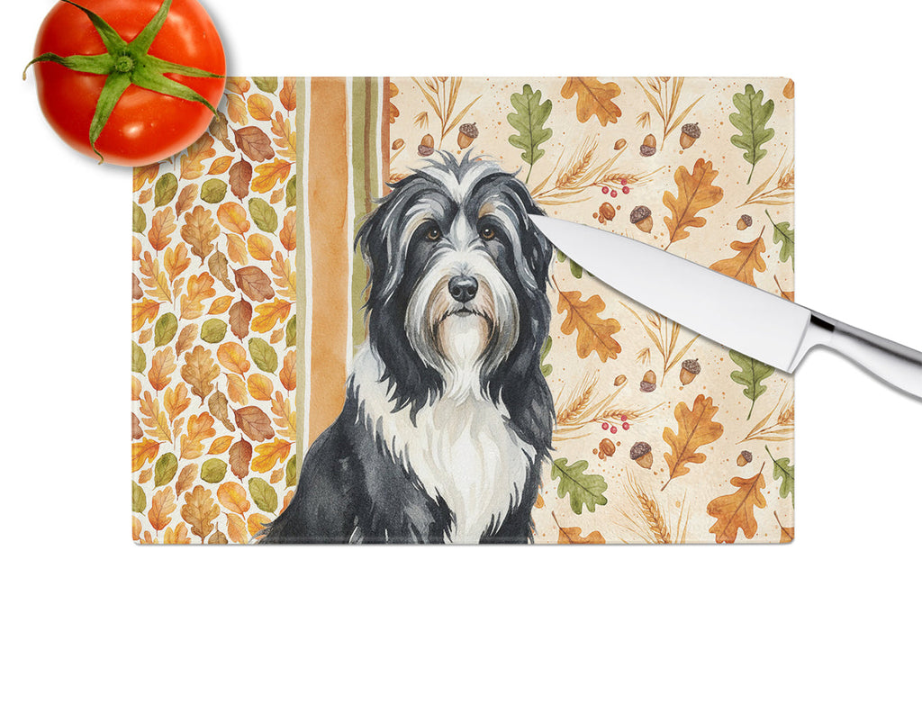 Black Bearded Collie Heirloom Fall Cutting Board Tempered Glass Kitchen Cutting Surface, Heat Resistant Chopping, Non-Slip Feet, Food Prep & Serving