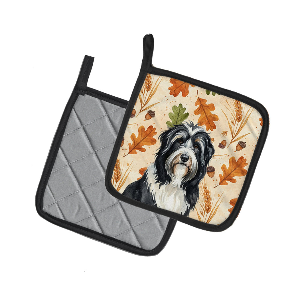 Black Bearded Collie Heirloom Fall Pot Holder Set of 2 Heat Resistant Quilted Hot Pads 7.5 x 7.5 Inch, Insulated Kitchen Trivets for Cooking & Baking