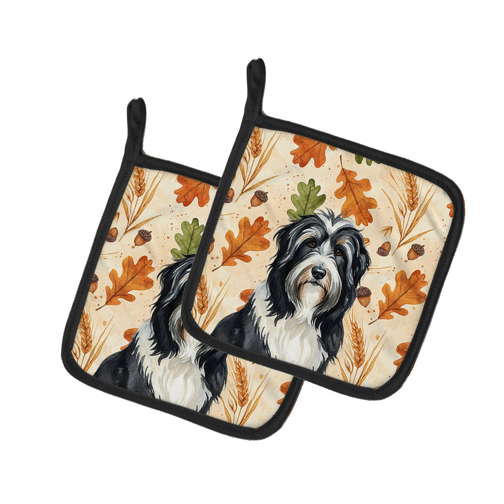 Black Bearded Collie Heirloom Fall Pot Holder Set of 2 Heat Resistant Quilted Hot Pads 7.5 x 7.5 Inch, Insulated Kitchen Trivets for Cooking & Baking