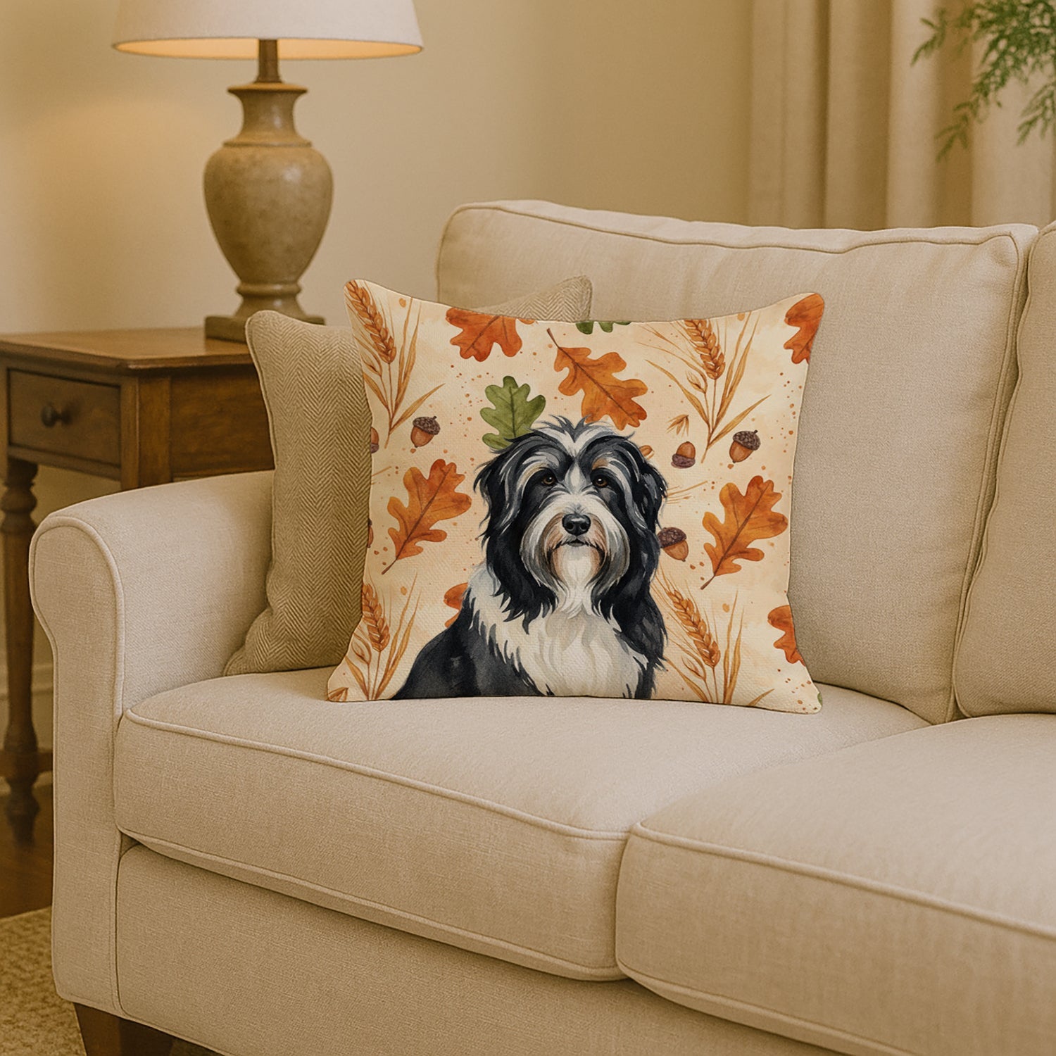 Black Bearded Collie Heirloom Fall Decorative Throw Pillow 14x14 Indoor Outdoor Accent Cushion, Fabric Cover with Insert for Sofa, Bed, Porch & Living Room