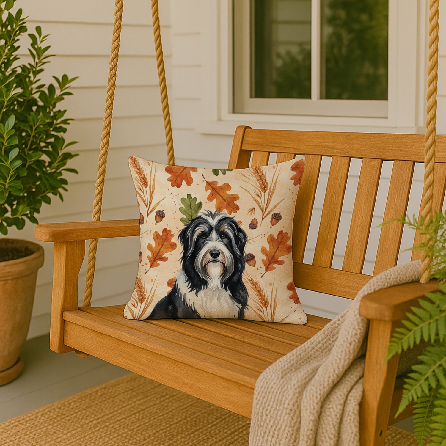 Black Bearded Collie Heirloom Fall Decorative Throw Pillow 18x18 Indoor Outdoor Accent Cushion, Fabric Cover with Insert for Sofa, Bed, Porch & Living Room