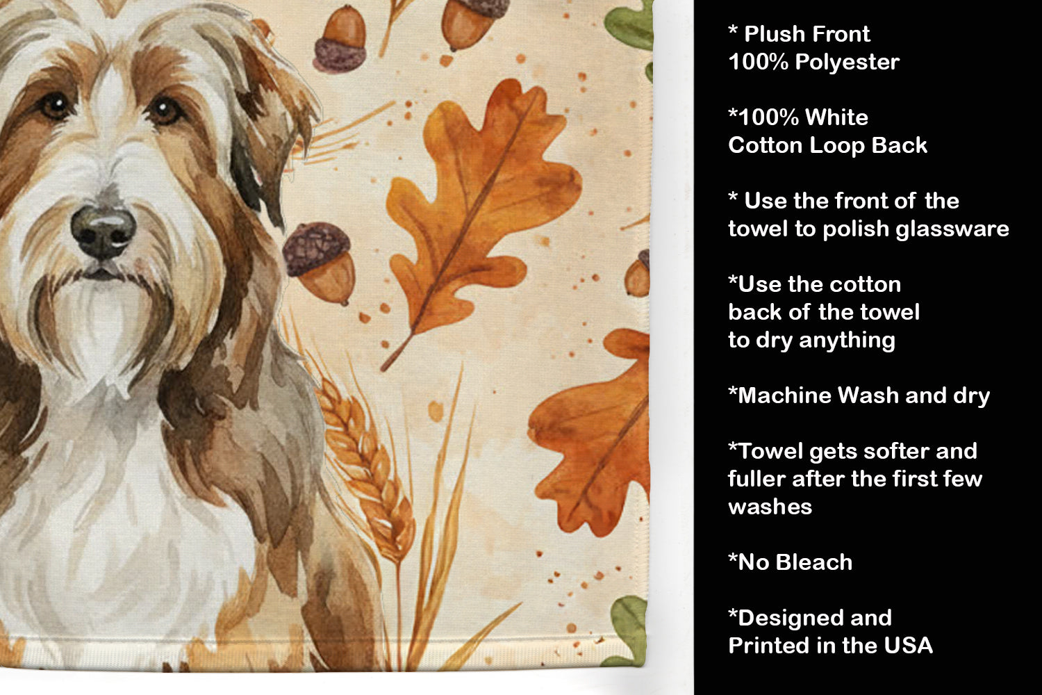 Brown Bearded Collie Heirloom Fall Kitchen Towel Velour Plush Front and Cotton Loop Back Machine Washable