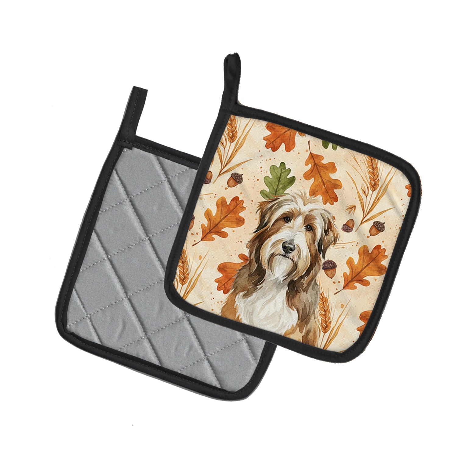 Brown Bearded Collie Heirloom Fall Pot Holder Set of 2 Heat Resistant Quilted Hot Pads 7.5 x 7.5 Inch, Insulated Kitchen Trivets for Cooking & Baking