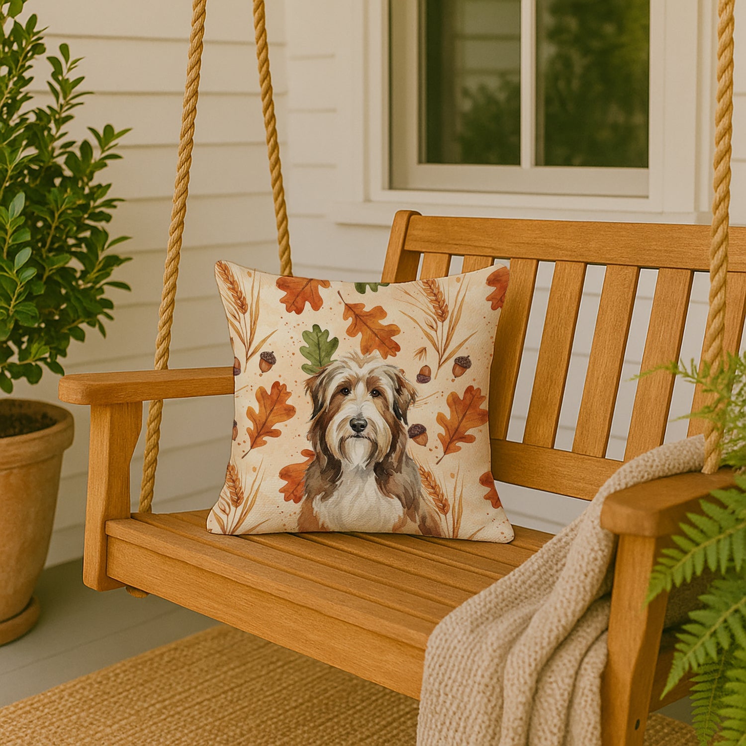 Brown Bearded Collie Heirloom Fall Decorative Throw Pillow 18x18 Indoor Outdoor Accent Cushion, Fabric Cover with Insert for Sofa, Bed, Porch & Living Room