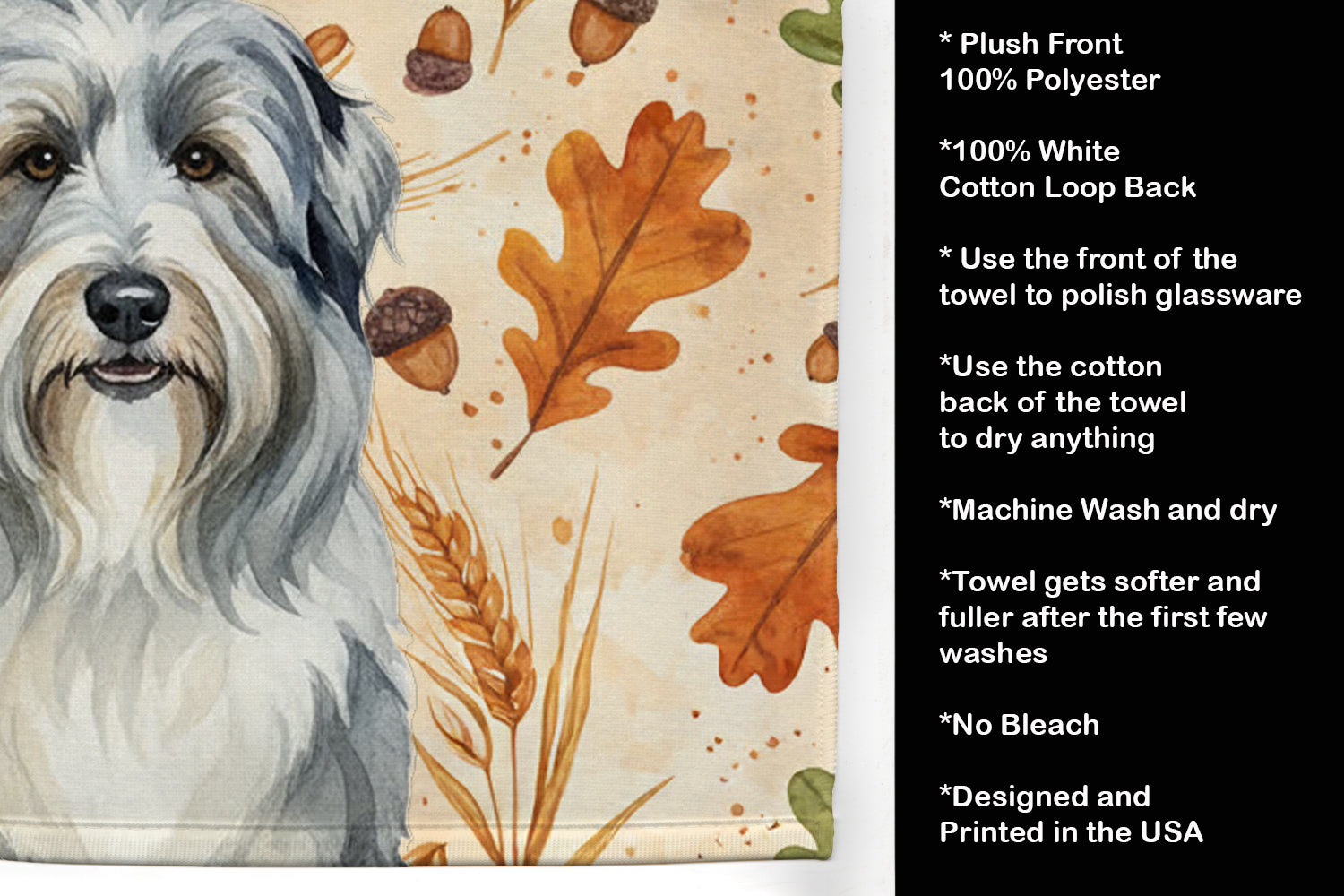 Bearded Collie Heirloom Fall Kitchen Towel Velour Plush Front and Cotton Loop Back Machine Washable