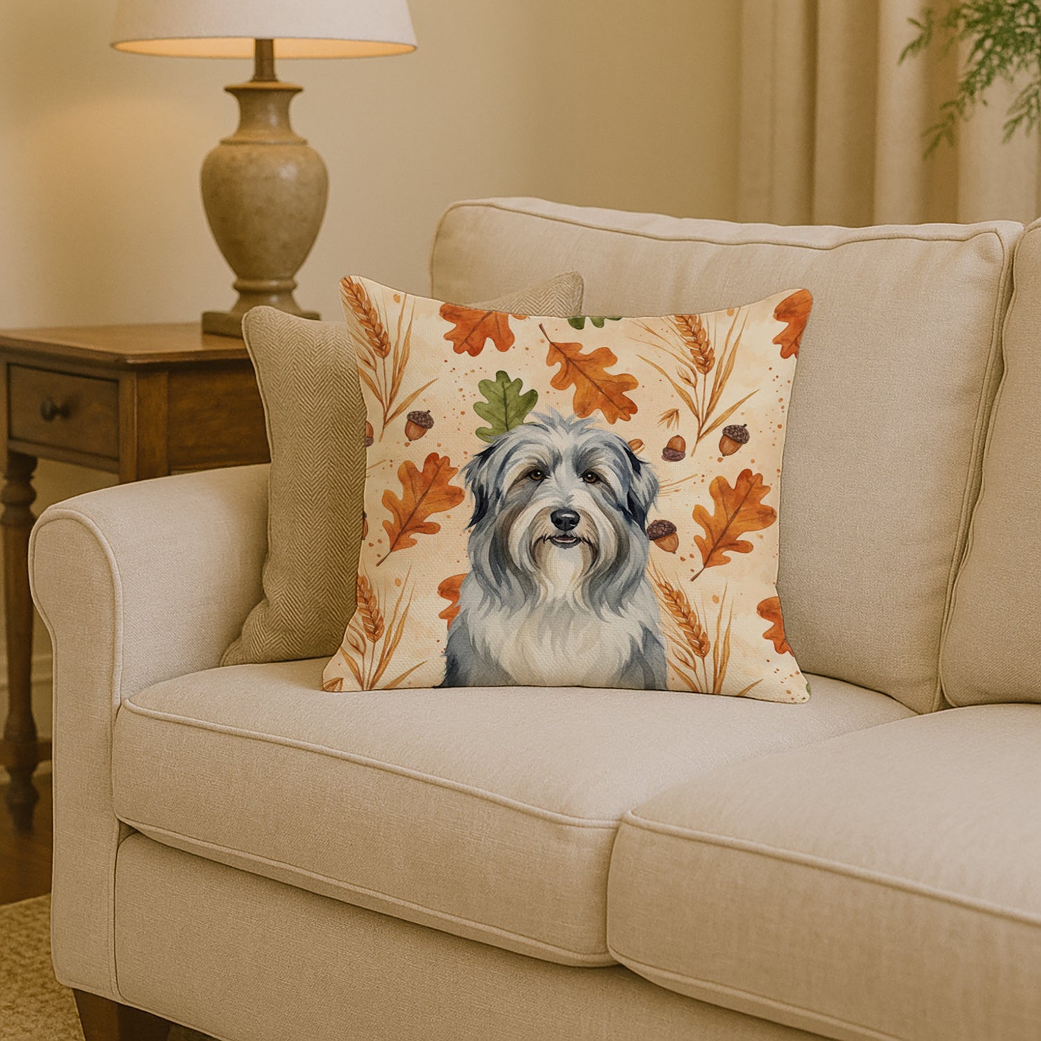 Bearded Collie Heirloom Fall Decorative Throw Pillow 14x14 Indoor Outdoor Accent Cushion, Fabric Cover with Insert for Sofa, Bed, Porch & Living Room