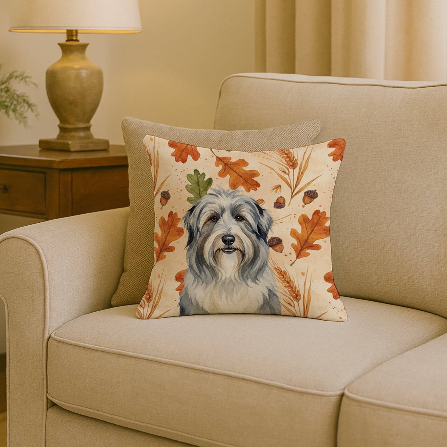 Bearded Collie Heirloom Fall Decorative Throw Pillow 18x18 Indoor Outdoor Accent Cushion, Fabric Cover with Insert for Sofa, Bed, Porch & Living Room