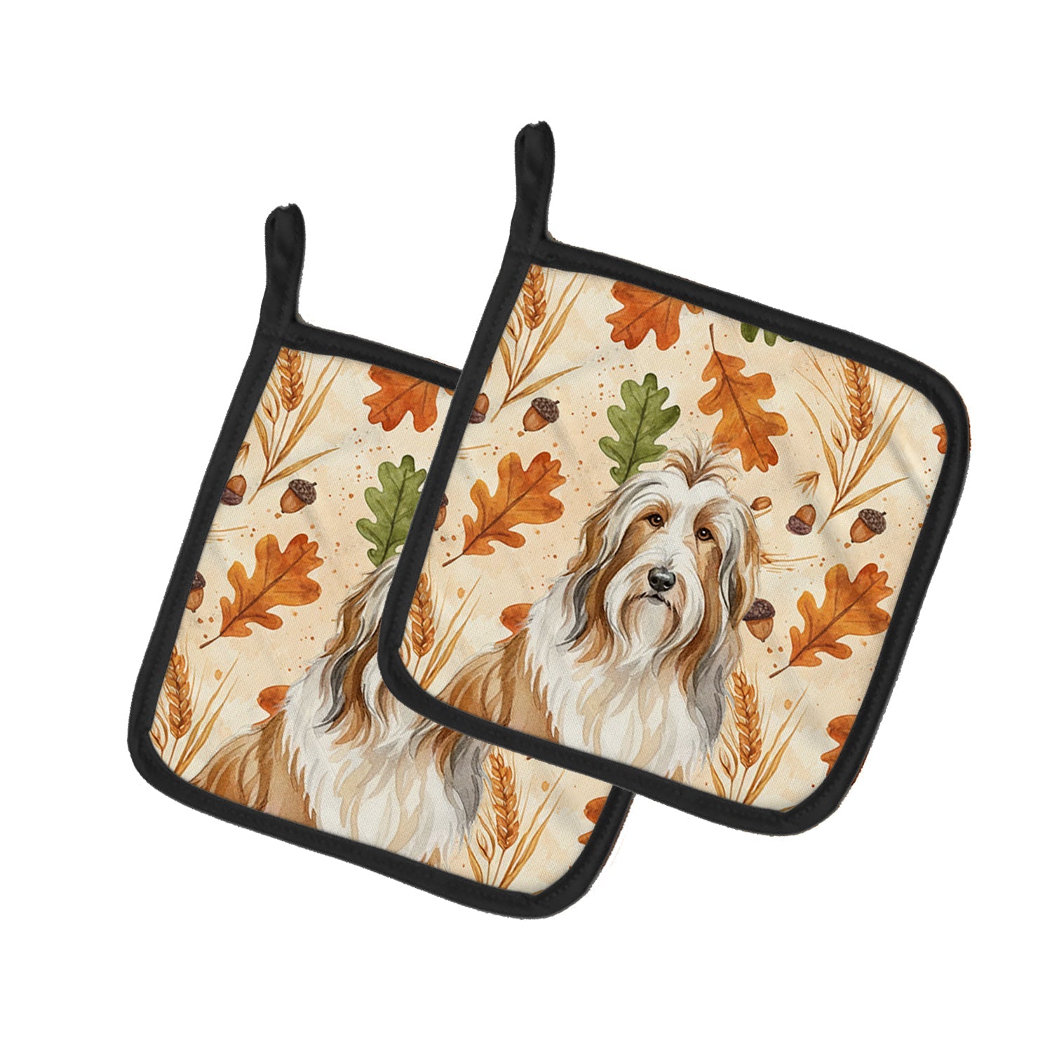 Fawn Bearded Collie Heirloom Fall Pot Holder Set of 2 Heat Resistant Quilted Hot Pads 7.5 x 7.5 Inch, Insulated Kitchen Trivets for Cooking & Baking