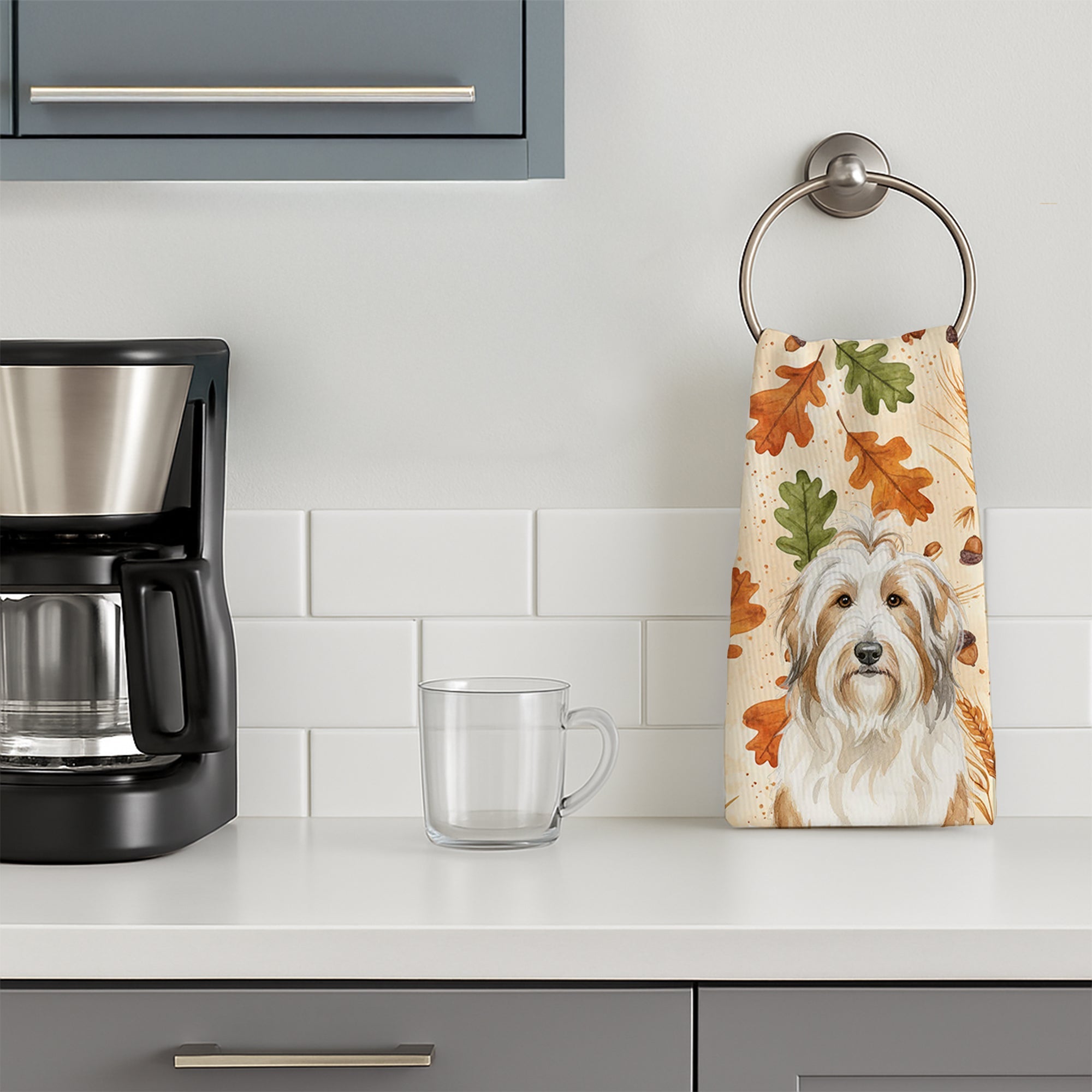 White and Tan Bearded Collie Heirloom Fall Kitchen Towel Velour Plush Front and Cotton Loop Back Machine Washable
