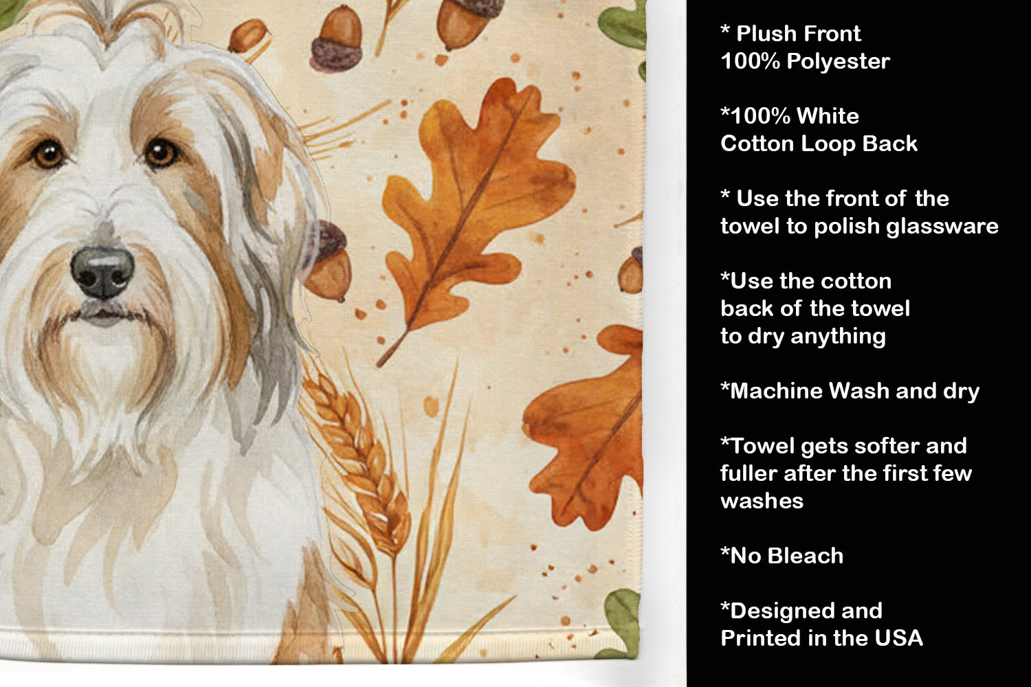 White and Tan Bearded Collie Heirloom Fall Kitchen Towel Velour Plush Front and Cotton Loop Back Machine Washable