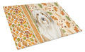 White and Tan Bearded Collie Heirloom Fall Cutting Board Tempered Glass Kitchen Cutting Surface, Heat Resistant Chopping, Non-Slip Feet, Food Prep & Serving
