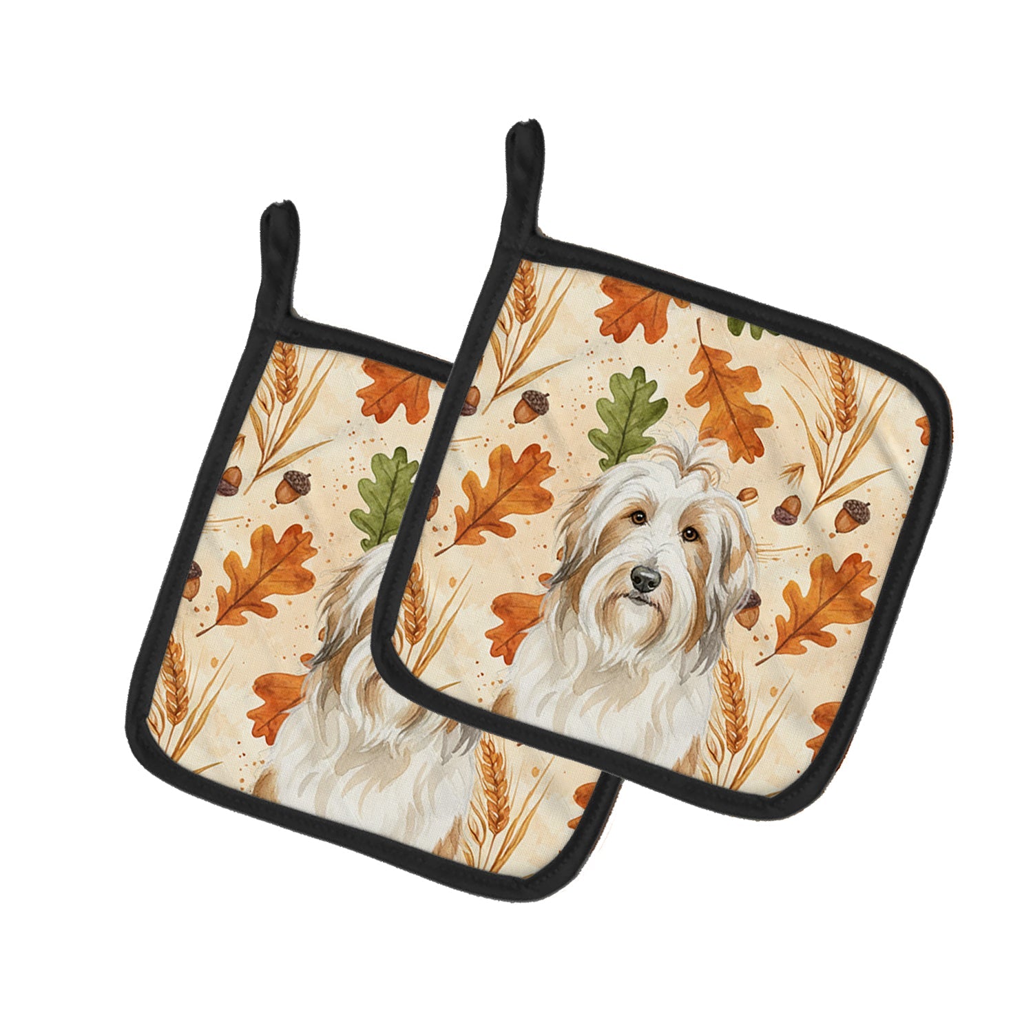 White and Tan Bearded Collie Heirloom Fall Pot Holder Set of 2 Heat Resistant Quilted Hot Pads 7.5 x 7.5 Inch, Insulated Kitchen Trivets for Cooking & Baking