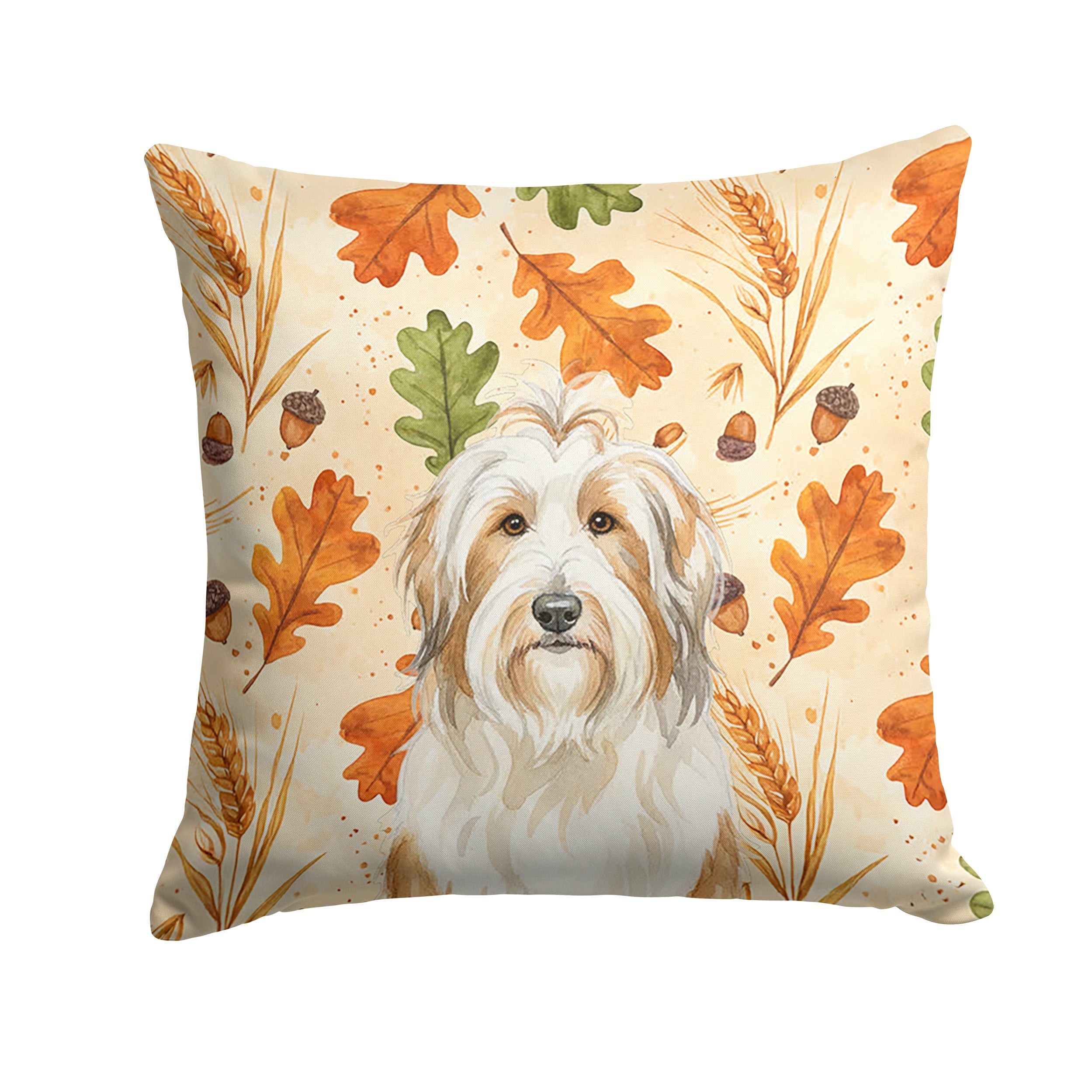 White and Tan Bearded Collie Heirloom Fall Decorative Throw Pillow 14x14 Indoor Outdoor Accent Cushion, Fabric Cover with Insert for Sofa, Bed, Porch & Living Room