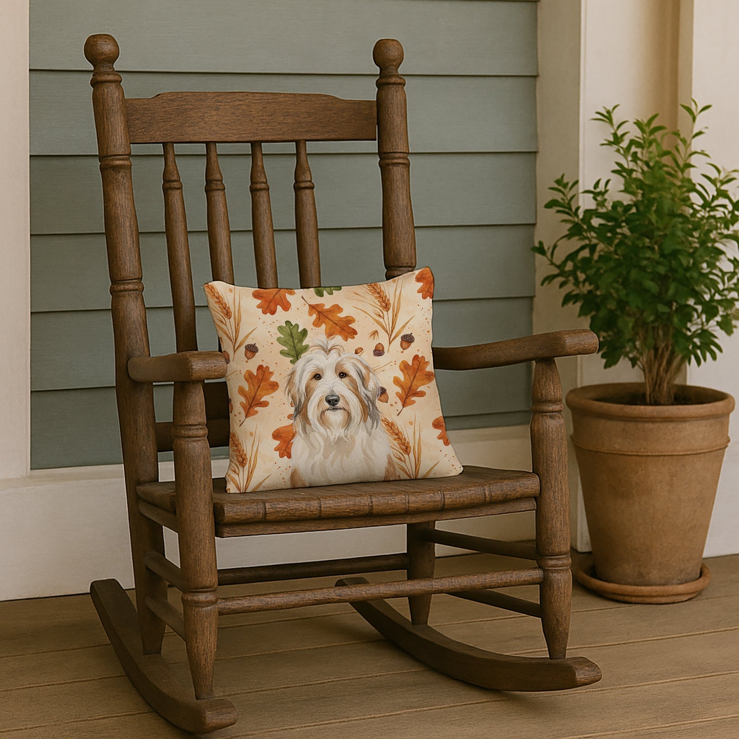 White and Tan Bearded Collie Heirloom Fall Decorative Throw Pillow 14x14 Indoor Outdoor Accent Cushion, Fabric Cover with Insert for Sofa, Bed, Porch & Living Room