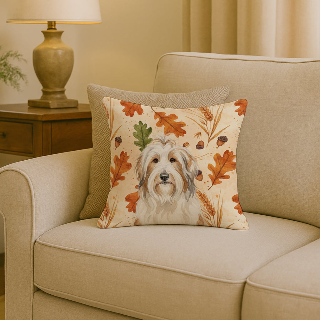 White and Tan Bearded Collie Heirloom Fall Decorative Throw Pillow 18x18 Indoor Outdoor Accent Cushion, Fabric Cover with Insert for Sofa, Bed, Porch & Living Room