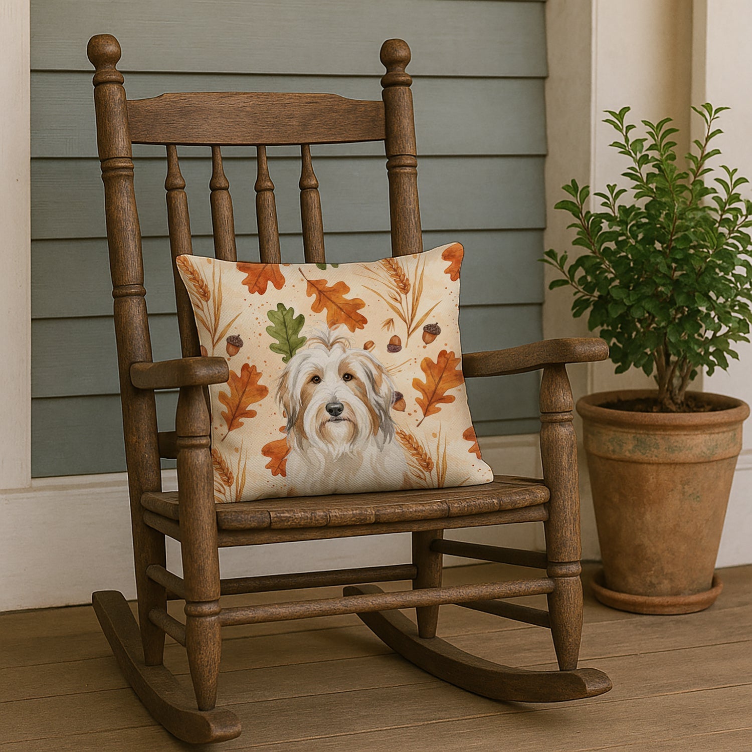 White and Tan Bearded Collie Heirloom Fall Decorative Throw Pillow 18x18 Indoor Outdoor Accent Cushion, Fabric Cover with Insert for Sofa, Bed, Porch & Living Room