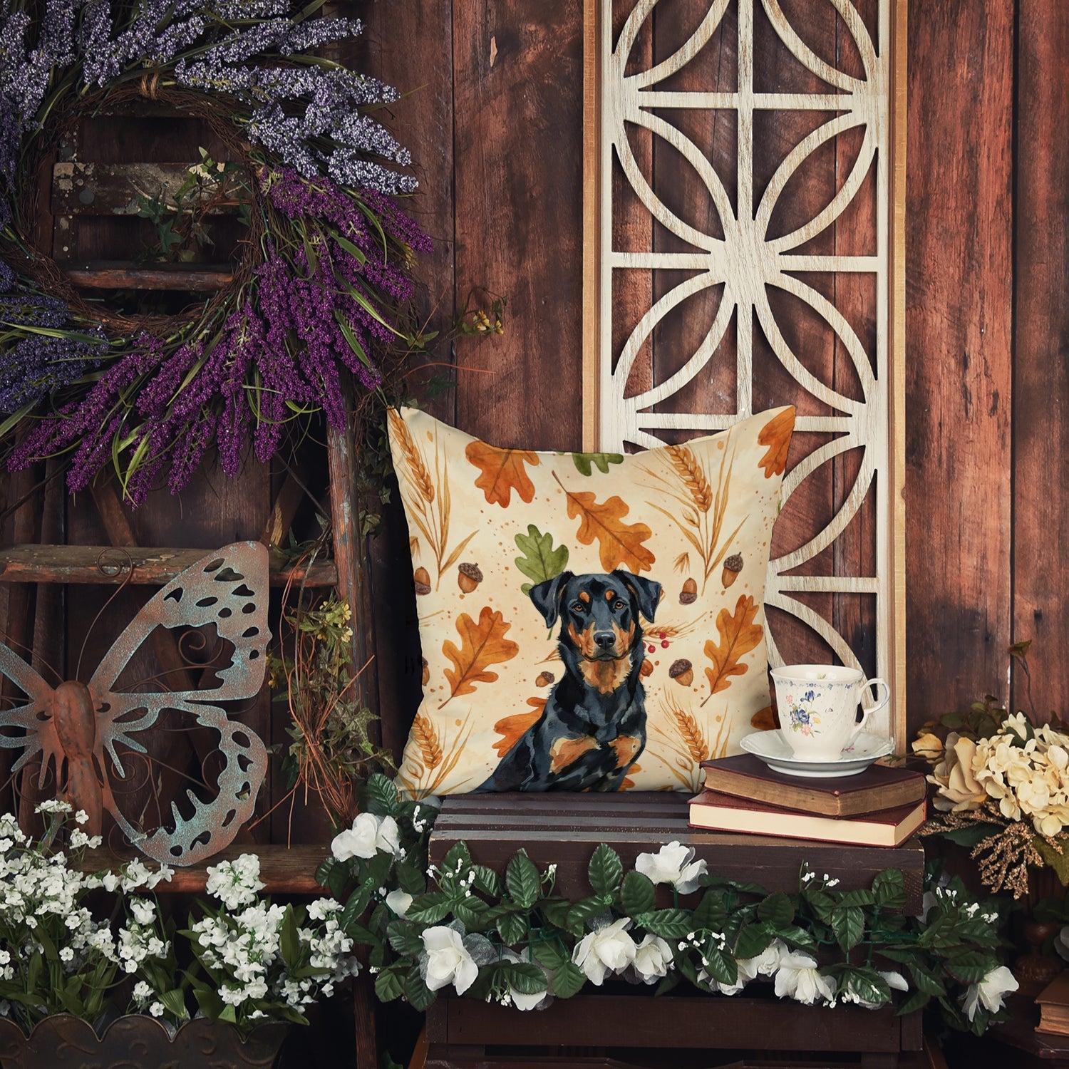 Beauceron Heirloom Fall Decorative Throw Pillow 14x14 Indoor Outdoor Accent Cushion, Fabric Cover with Insert for Sofa, Bed, Porch & Living Room