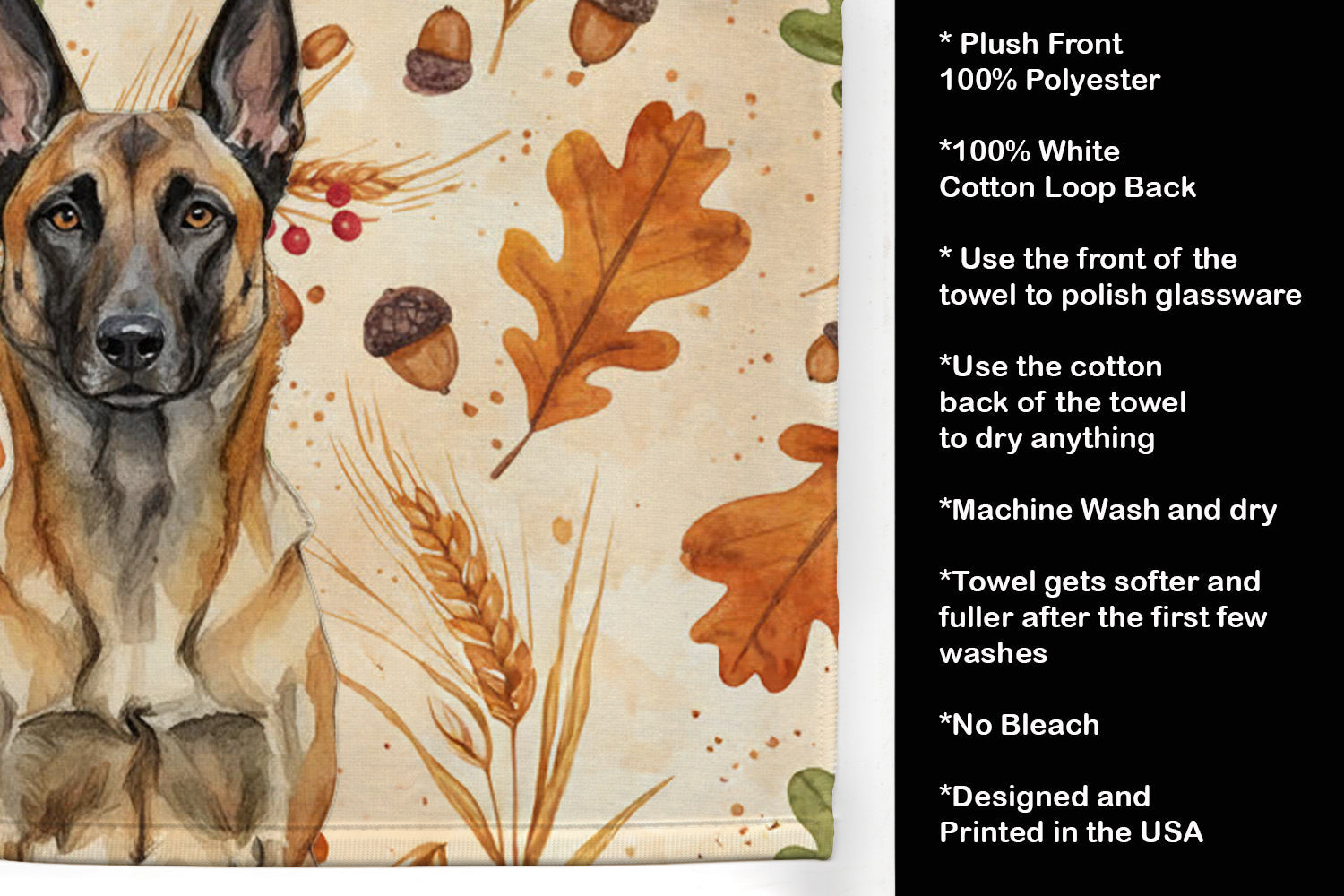 Belgian Malinois Heirloom Fall Kitchen Towel Velour Plush Front and Cotton Loop Back Machine Washable